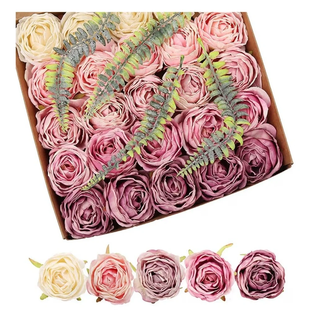 NIB Faux Silk Rose Heads and Stems 25 Pcs Light Pink/Purple Mix Bouquet Decor